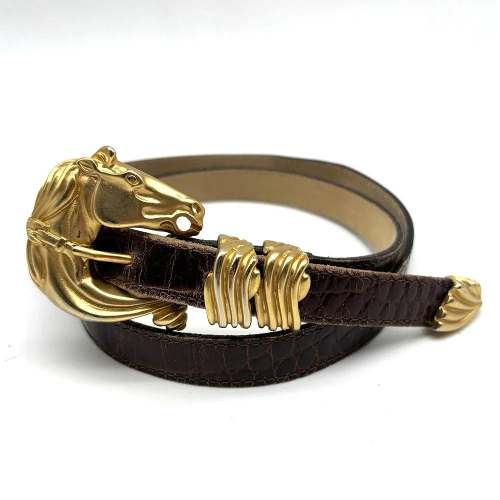 1980s Streets Ahead 32920 Brown Croc Emboss Leather Horsehead Skinny Belt L 34